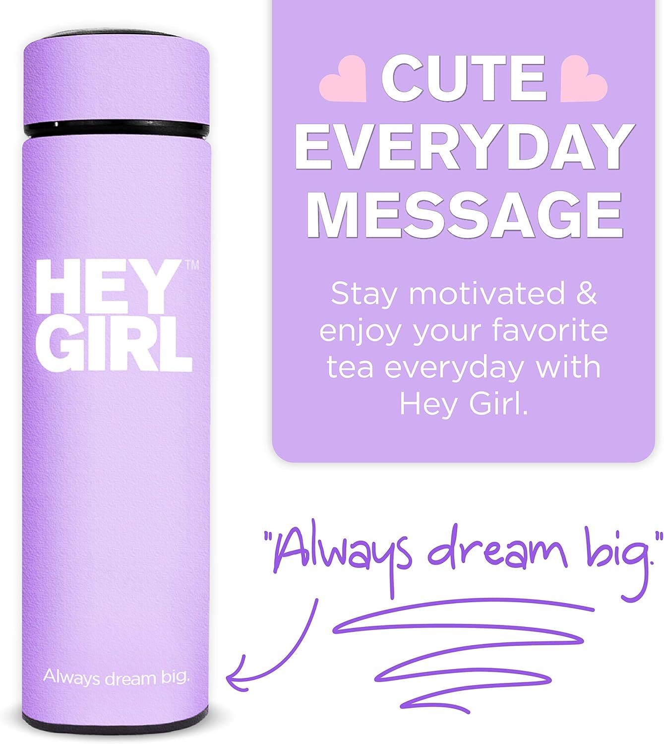 Hey Girl Tea Infuser Bottle 450ml - Insulated Stainless Steel Water Bottle - Tea Tumbler with Tea Diffuser - Portable Travel Mug for Loose Leaf Tea & Infused Water - Tea Lovers Gifts for Women (Pink)