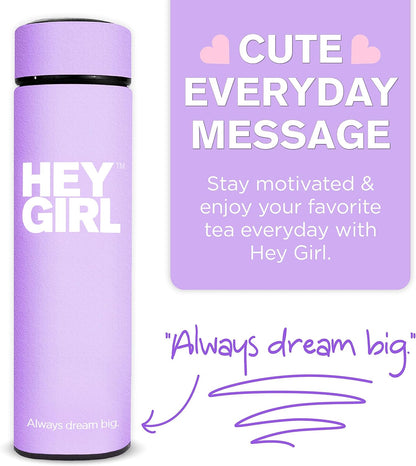 Hey Girl Tea Infuser Bottle 450ml - Insulated Stainless Steel Water Bottle - Tea Tumbler with Tea Diffuser - Portable Travel Mug for Loose Leaf Tea & Infused Water - Tea Lovers Gifts for Women (Pink)