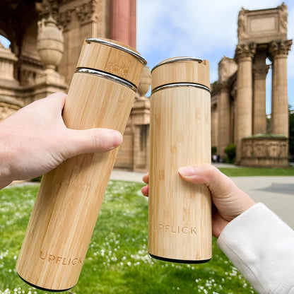 Bamboo Water Bottle Insulated Tea Tumbler for Men Birthday Gift, Women Travel Tea Set with Diffuser for Loose Tea Leaves, Stainless Steel Leak Proof Gift for Mom (15 oz)