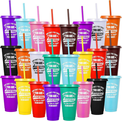 24 Pack Plastic Tumblers with Lids and Straw, Reusable Cups with Lids and Straws Colorful Cups for Cold Drink Iced Coffee, Plastic Tumbler Bulk for Party Birthday Gifts (24 oz, Stylish Colors)