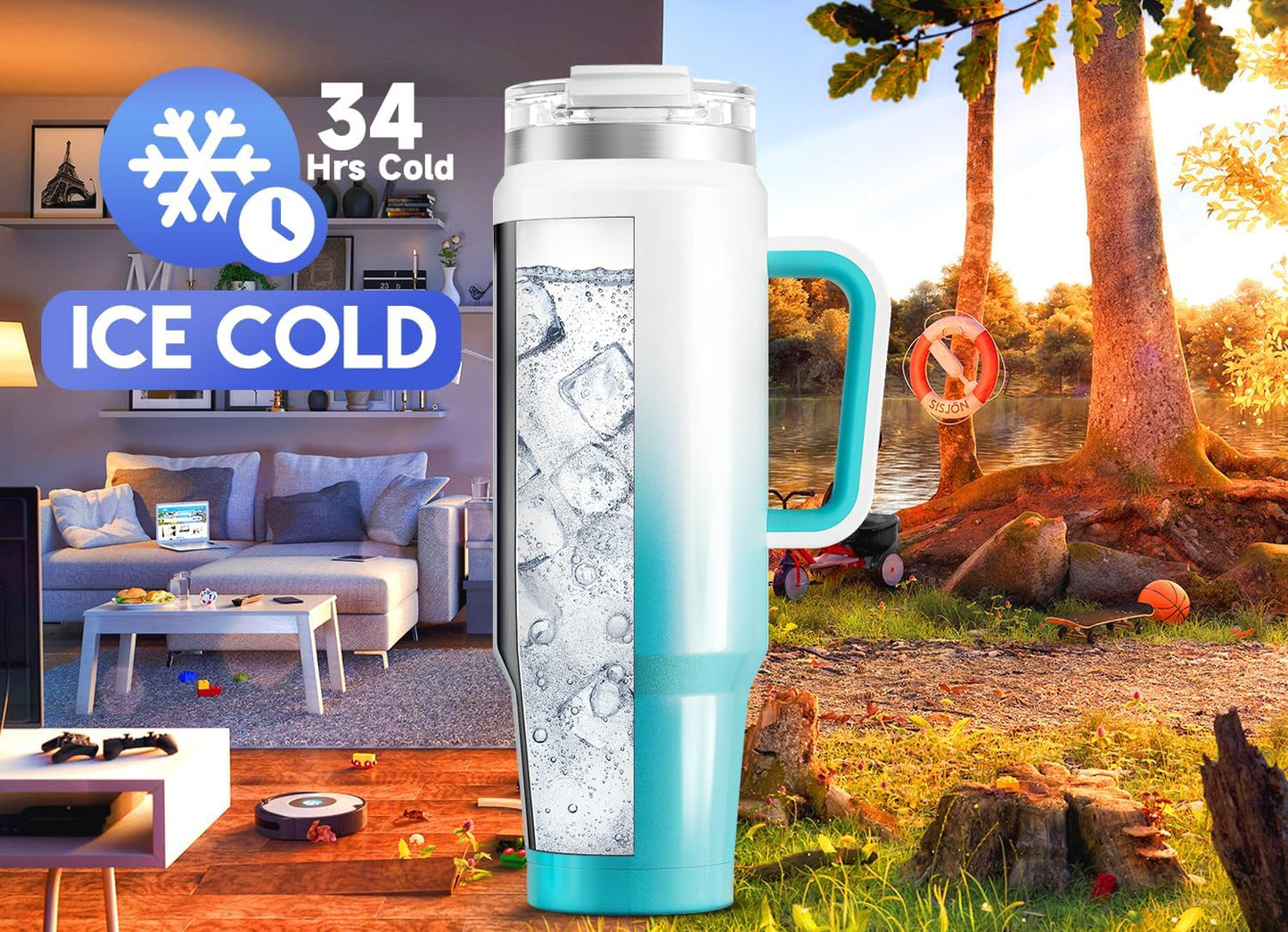 Meoky 32 oz Tumbler with Handle, Insulated Tumbler with Lid and Straw, Stainless Steel Travel Mug, Keeps Cold for 24 Hours, 100% Leak Proof, Fits in Car Cup Holder (Night)