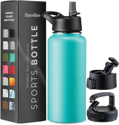 FineDine Water Bottle - Stainless Steel Insulated Water Bottle with Straw Lid, Flip Lid & Wide-Mouth Cap - Keeps Hot and Cold - 25 Oz / 739ml - Dreamy Purple