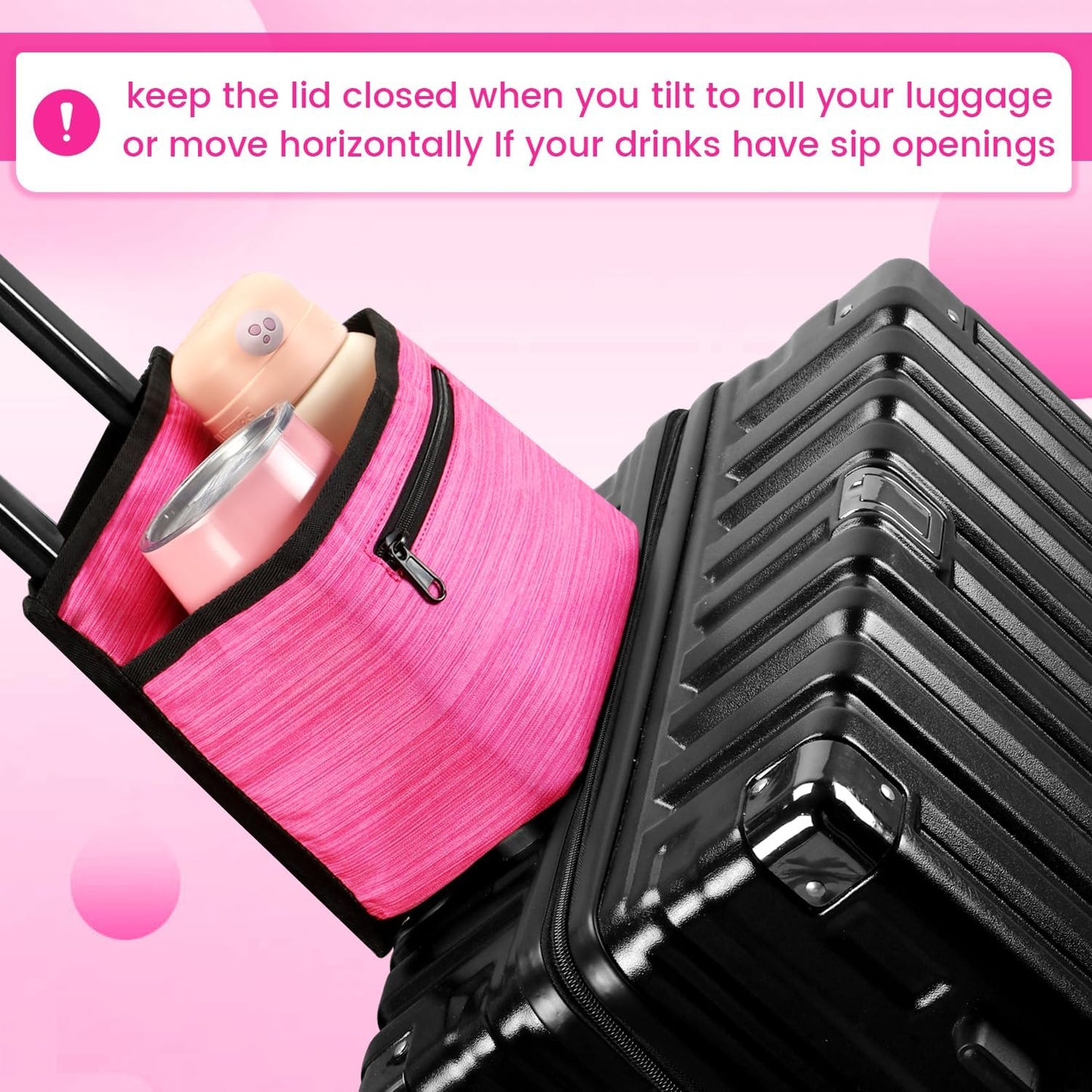 ZHCHG Luggage Travel Cup Holder Attachment for Suitcase Drink Carrier Caddy, Coffee Mug and Tumblers, Traveler Carry on Hands Free Accessory- Gifts for Flight Attendants Travelers Accessories- Black