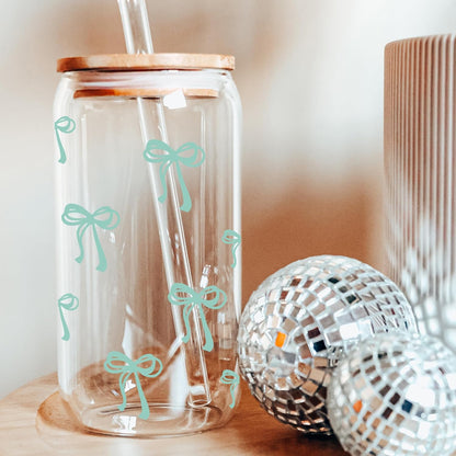 Coquette Cute Pink Bow Glass Cups with Lids and Straws, Aesthetic Iced Coffee Matcha Cup, Girly Preppy Design Tumbler Mug, Valentines Christmas Birthday Gifts for Women, Teen Girl Gifts Trendy Stuff
