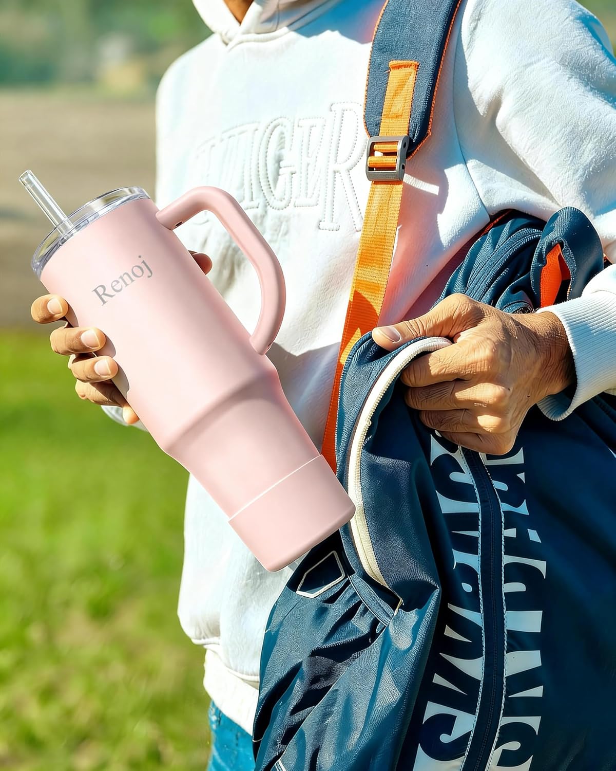 Renoj Insulated Mug 100% Leak Proof Insulated Water Bottle for Iced Coffee & Hot Drinks - Fits Car Cup Holder, Ideal Gift, 2 Straws & Silicone Boot - SnapShift Pink 32 oz