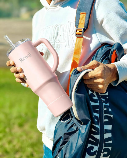Renoj Insulated Mug 100% Leak Proof Insulated Water Bottle for Iced Coffee & Hot Drinks - Fits Car Cup Holder, Ideal Gift, 2 Straws & Silicone Boot - SnapShift Pink 32 oz