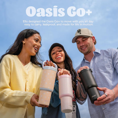 Ello Oasis Go+ 26oz Tumbler with Top Handle and Retracting Straw | Reusable Insulated Stainless Steel Cup, 100% Leakproof Water Bottle, 24 Hours Cold, Cup Holder Friendly For Travel | Wild Rasberry