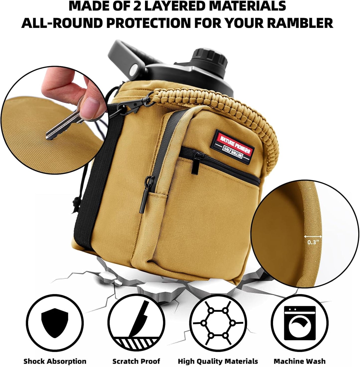 NATURE PIONEOR Water Bottle Holder with Adjustable Strap - Half/One Gallon (64/128oz) Insulated Water Bottle Sling Carrier with Phone Pocket & Paracord Handle, Outdoor Camping, Hiking, Gym