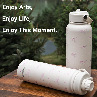 25oz Insulated Stainless Steel Aesthetic Cute Water Bottle - 2 Lids Included (Straw + Sport Handle), Leakproof BPA-Free, Dreamy Cream Cute Floral Design, Perfect Gym/Yoga/Office Companion