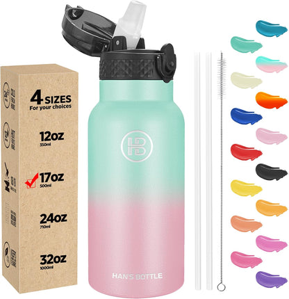 Han's Bottle Sports Water Bottle - 24 Oz, Straw Lid, Leak Proof, Vacuum Insulated Stainless Steel, Double Walled, Thermo Mug,Black