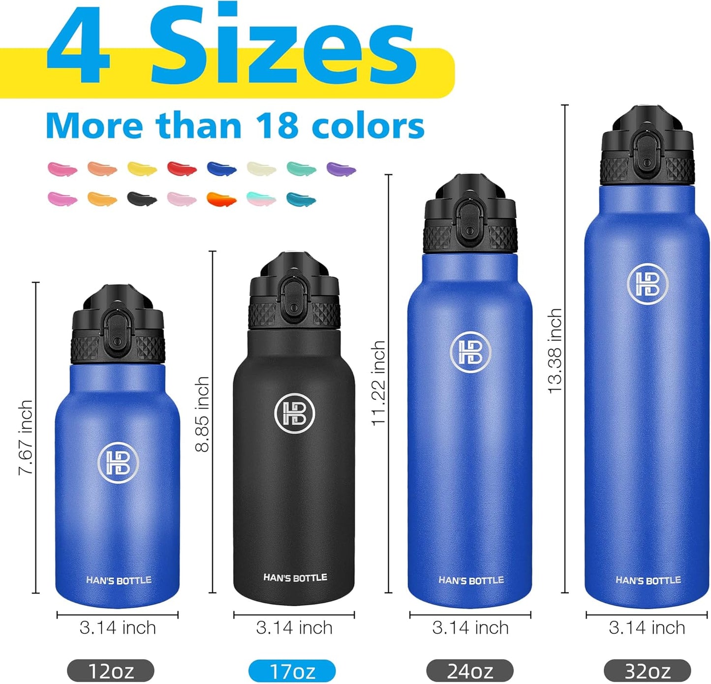 Han's Bottle Sports Water Bottle - 24 Oz, Straw Lid, Leak Proof, Vacuum Insulated Stainless Steel, Double Walled, Thermo Mug,Black
