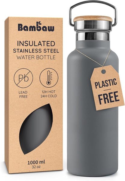 Bambaw 24 oz Stainless Steel Water Bottle, Insulated Metal Water Bottle Wide Mouth, Great for Hiking & Travel, With Handle Easy to Carry, Rust-Resistant & Durable (Aegean Blue)