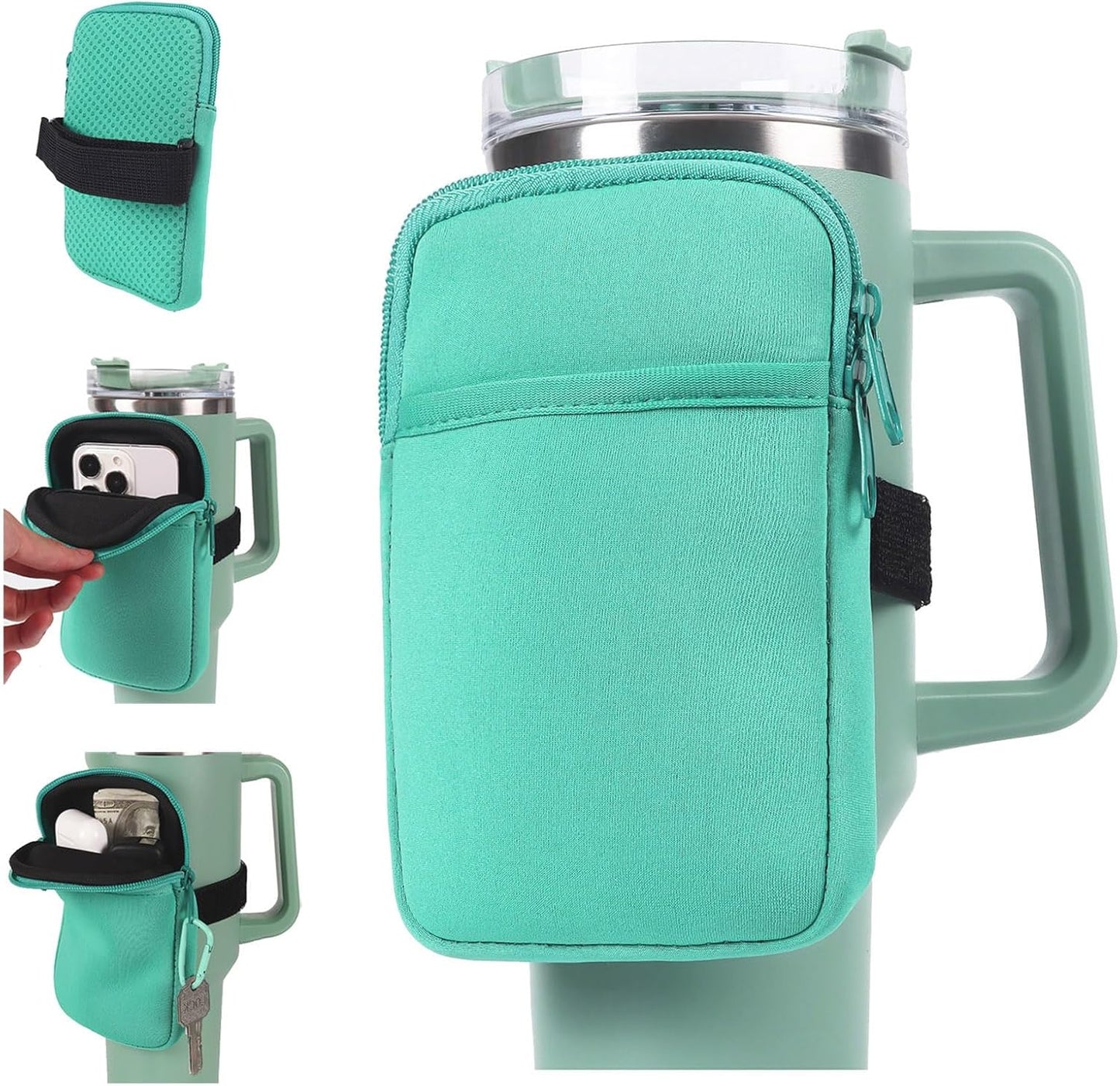 LMYUHONG Water Bottle Pouch For Stanley cup accessories 40oz 20oz 30oz,tumbler pouch with Versatile Pocket, for Cards, Keys,Earphone. Fits for Phones, Use for Running, Walking, Hiking,Biking,DeepPink
