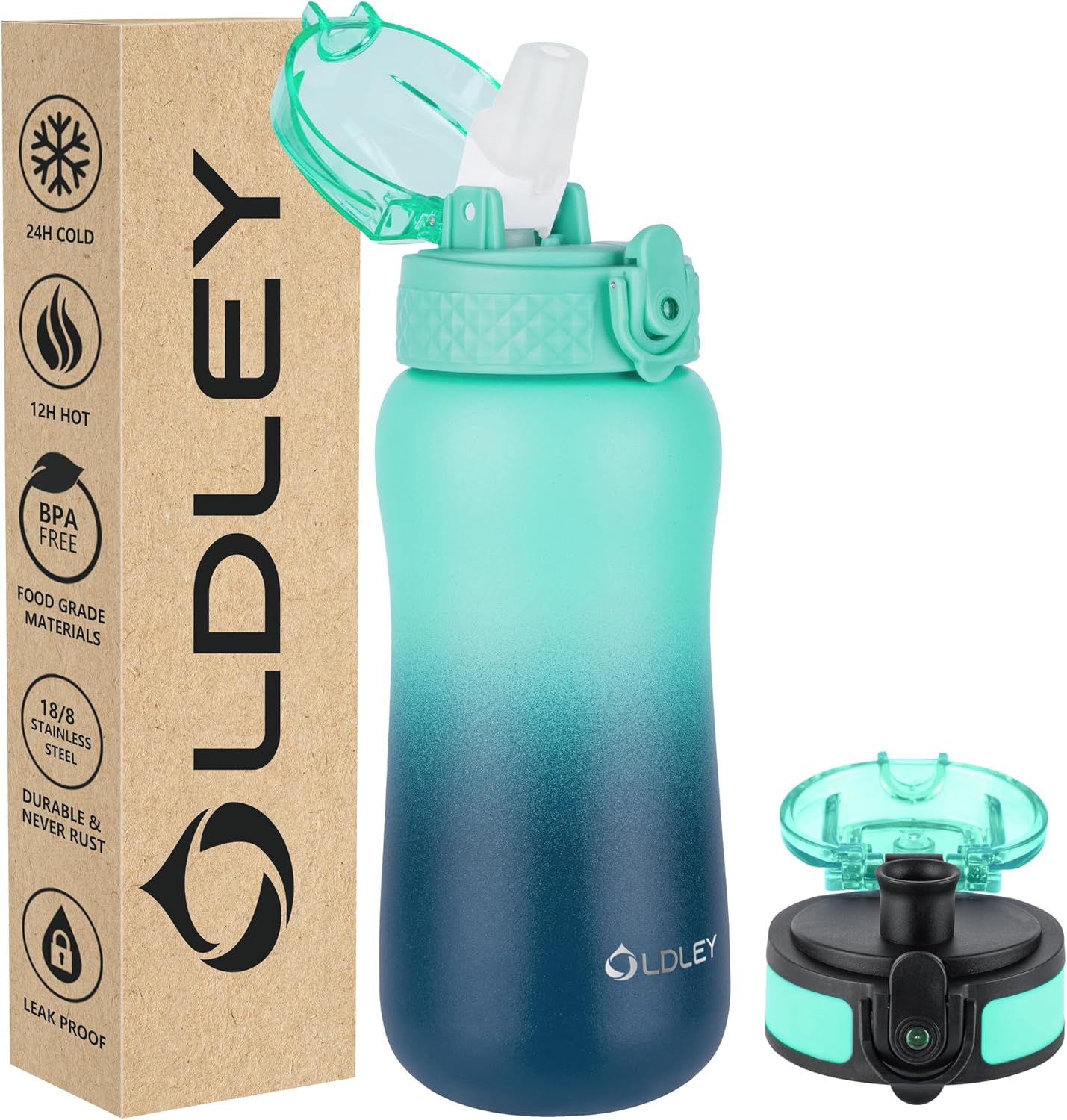 Oldley Insulated Water Bottle 20oz for Adults Kids Stainless Steel Water Bottles with Straw/Chug/Carabiner 3 Lids Fruit Strainer Double Wall Vacuum Wide Mouth BPA Free Leak-Proof for School Travel