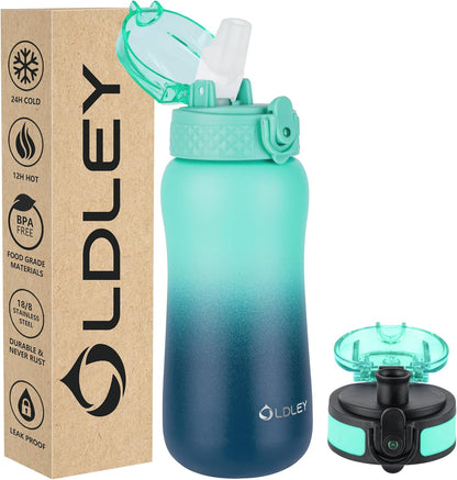 Oldley Insulated Water Bottle 20oz for Adults Kids Stainless Steel Water Bottles with Straw/Chug/Carabiner 3 Lids Fruit Strainer Double Wall Vacuum Wide Mouth BPA Free Leak-Proof for School Travel