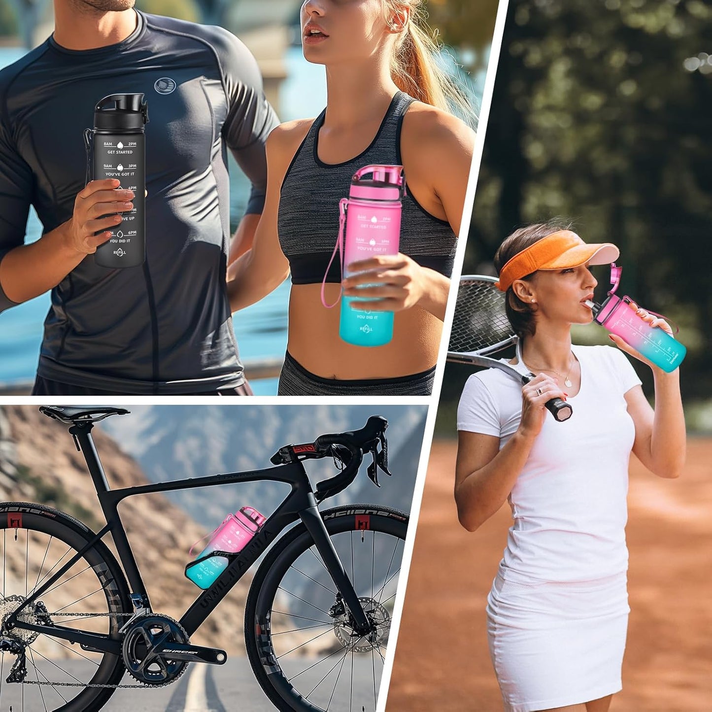 Enerbone Water Bottle, Leakproof BPA & Toxic Free, Motivational Water Bottle with Times to Drink and Straw, Fitness Sports Water Bottle with Strap for Office, Gym, Outdoor Sports