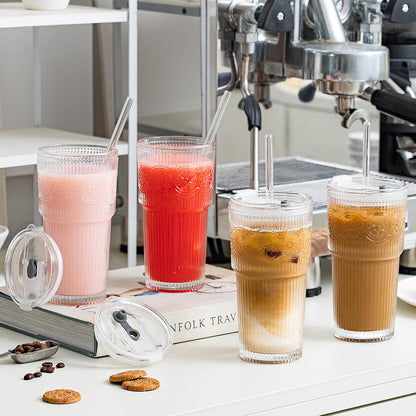SoulTimes 20oz Ribbed & Floral Glass Tumbler Set of 2 – Reusable Glass Cups with Lid and Glass Straw, Iced Coffee Cups for Water, Smoothie, Milk, Cocktail & More – Perfect for Daily Use & Travel