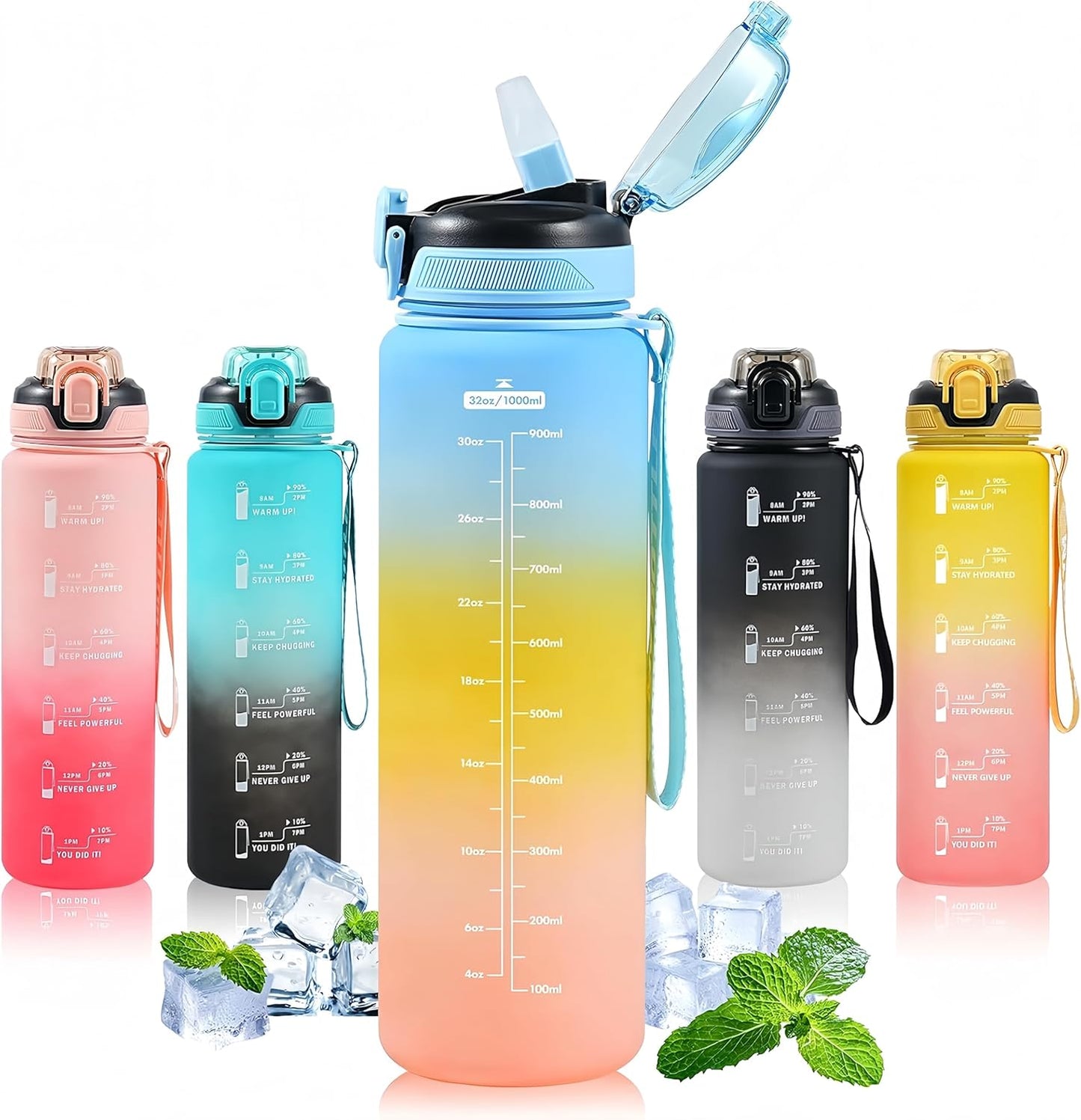Water Bottle with Straw 1L,Boys Water Bottles with Straw 1 Litre,Waterbottle Leak-Proof Sports Water Bottle,Plastic Drinks Bottles Toxin Free，Bpa-Free (Cyan Black)