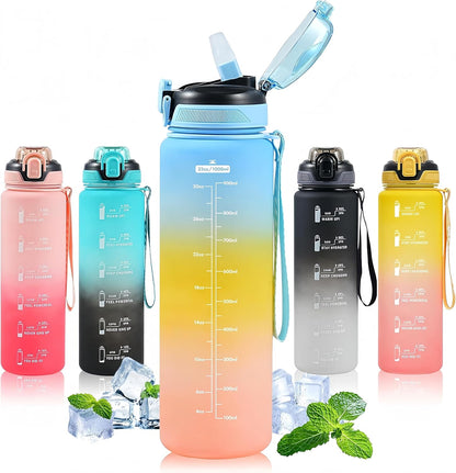 Water Bottle with Straw 1L,Boys Water Bottles with Straw 1 Litre,Waterbottle Leak-Proof Sports Water Bottle,Plastic Drinks Bottles Toxin Free，Bpa-Free (Cyan Black)