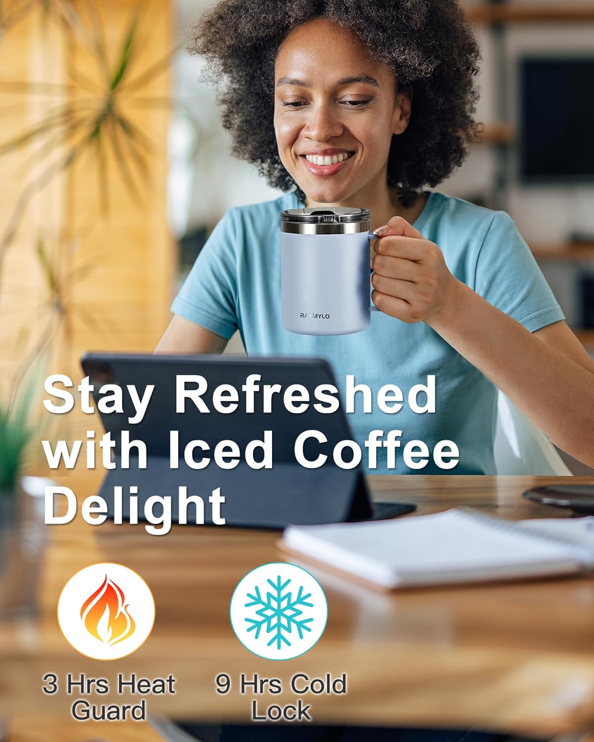 RAYMYLO Insulated Coffee Mug 12 oz, Double Wall Stainless Steel Coffee Mug with Lids, Leak-Proof & Detachable Slider Lid for Thorough Clean, Keeps Coffee Cold for 9 Hrs, Suitable for Camp Home Office