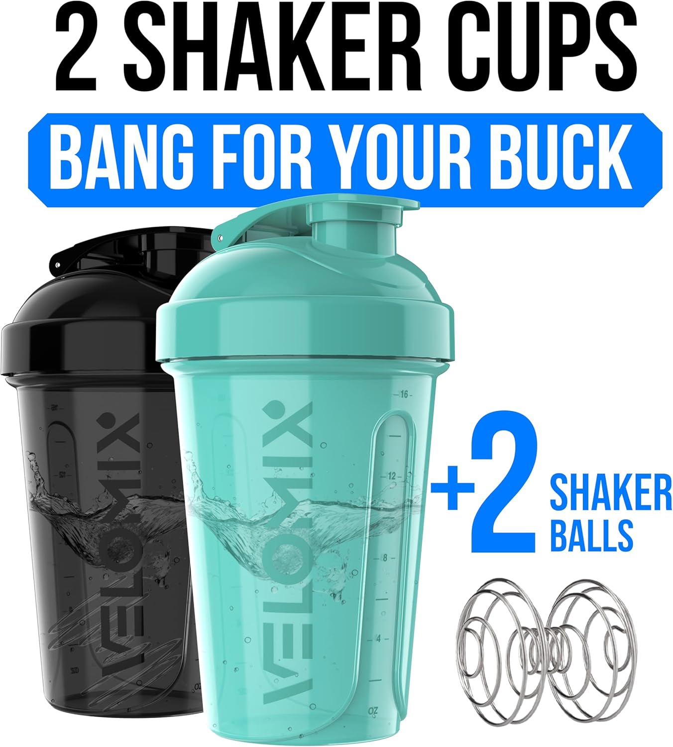 VELOMIX -2 Pack- 20 oz Protein Shaker Bottles for Protein Mixes - 2x Wire Whisk | Leak Proof Shaker Cups for Protein Shakes and Pre Workout | Protein Shaker Bottle Pack (Black/Transparent)