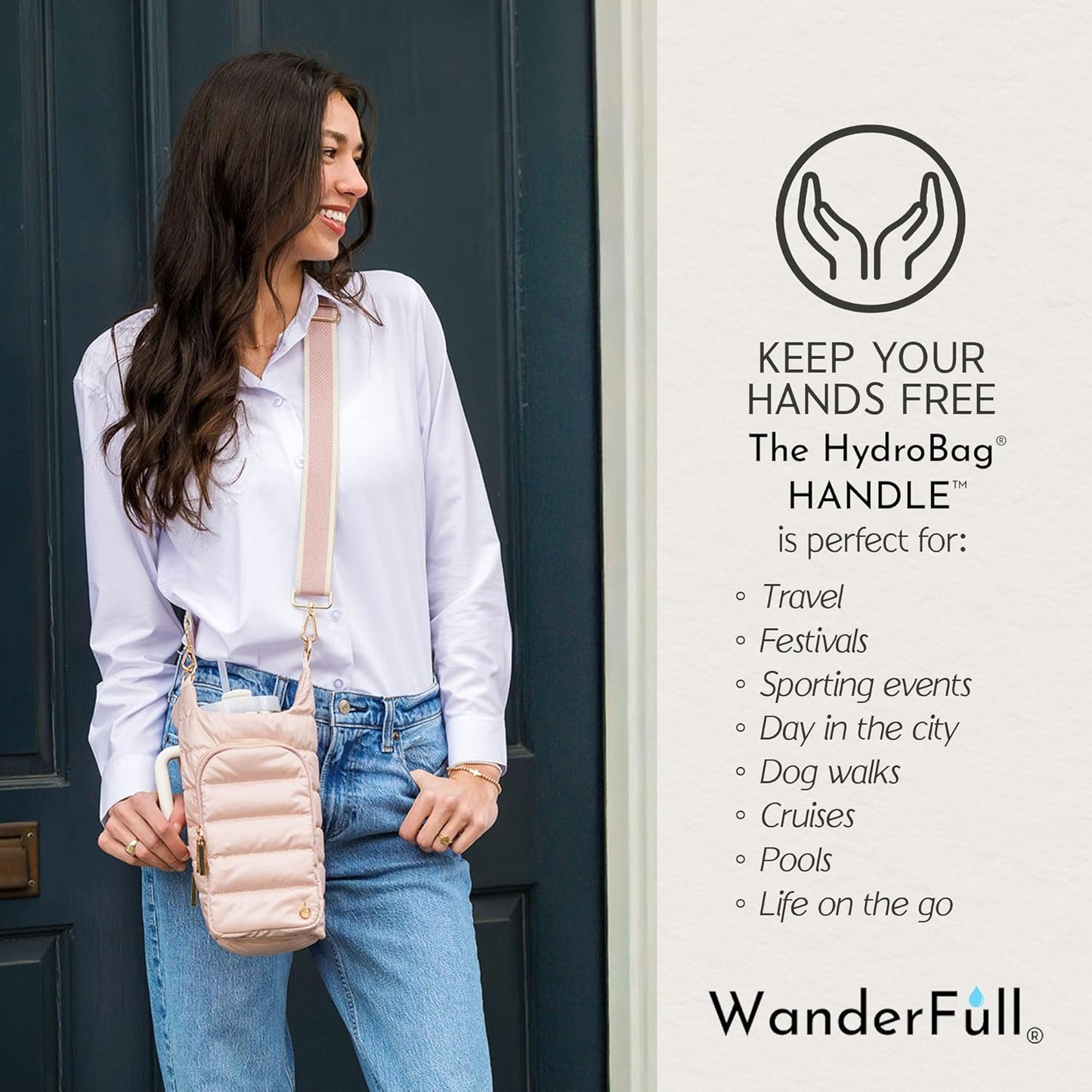 WanderFull Original HydroBag Handle® Zipper Slot for Handle, Hands-Free Crossbody Water Bottle Holder & Tumbler Accessories