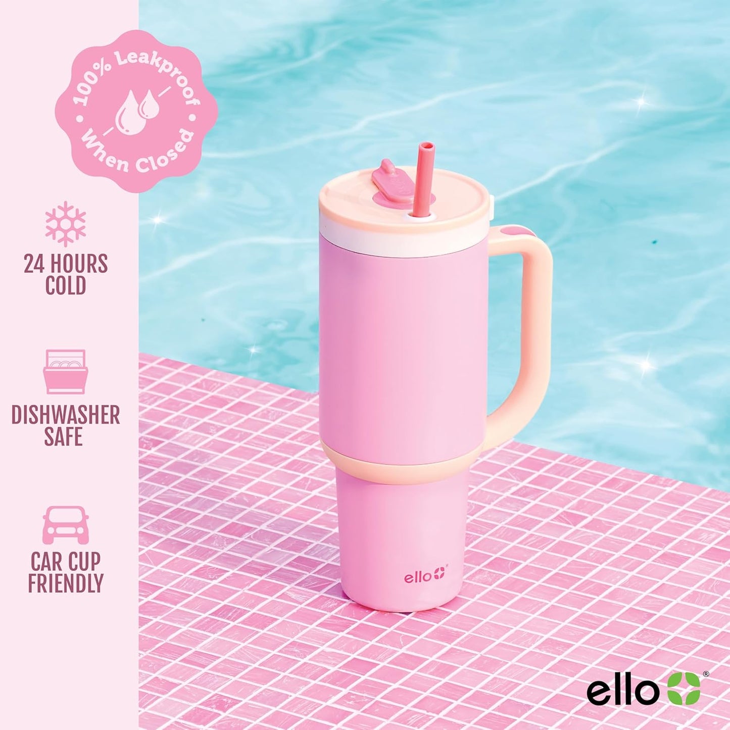Ello Oasis 40 oz Tumbler with Handle & Retracting Straw | Reusable Insulated Stainless Steel Cup 100% Leakproof, Gifts for Teens Women Men | Keeps cold for 24 Hours, Cup Holder Friendly, Daisies