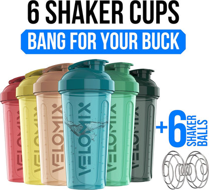 VELOMIX -6 PACK- 28 oz Protein Shaker Bottle for Protein Mixes - 6x Wire Whisk | Leak Proof Shaker Cups for Protein Shakes | Protein Shaker Bottle Pack | Protein Shake Cup (Earth Tones Collection)