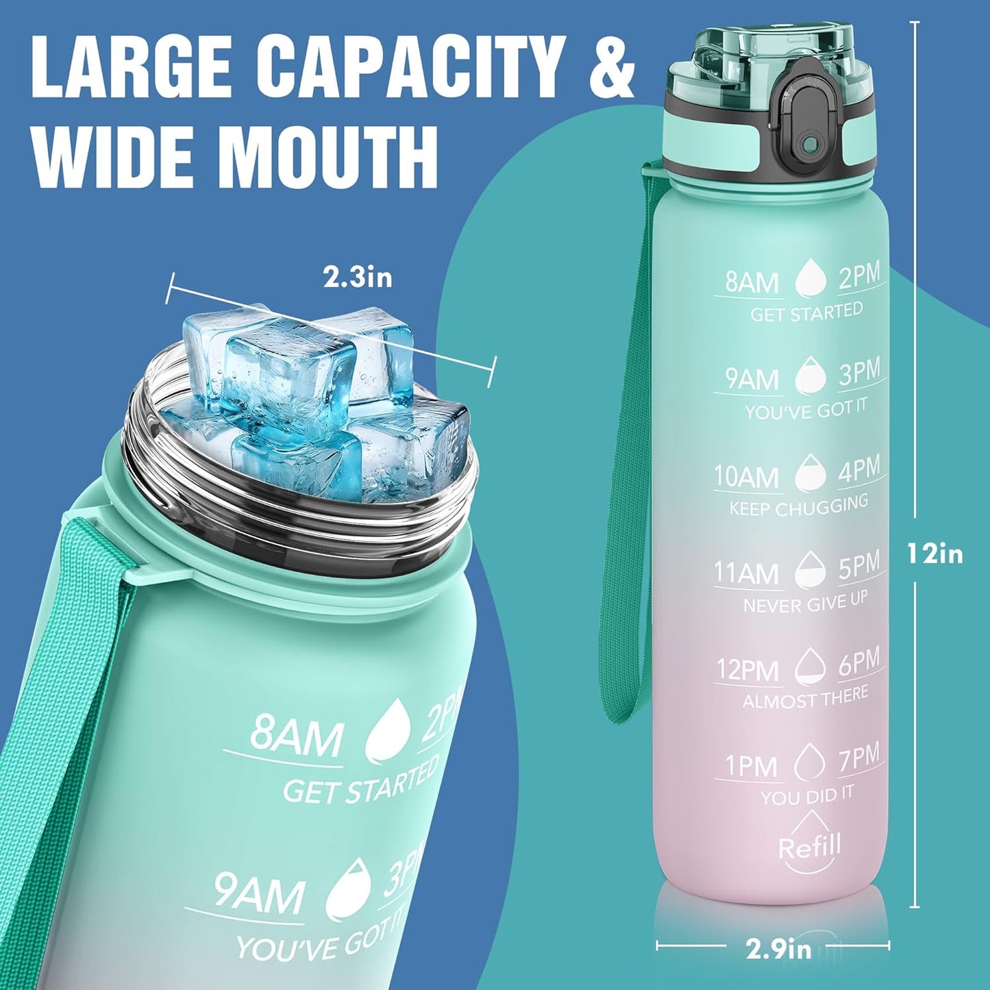 OLDLEY Water Bottle, 32oz Motivational Sports Water Bottle with Time Marker - Times to Drink - Tritan, BPA Free, Wide Mouth Leakproof, Clear (1 Bottle)