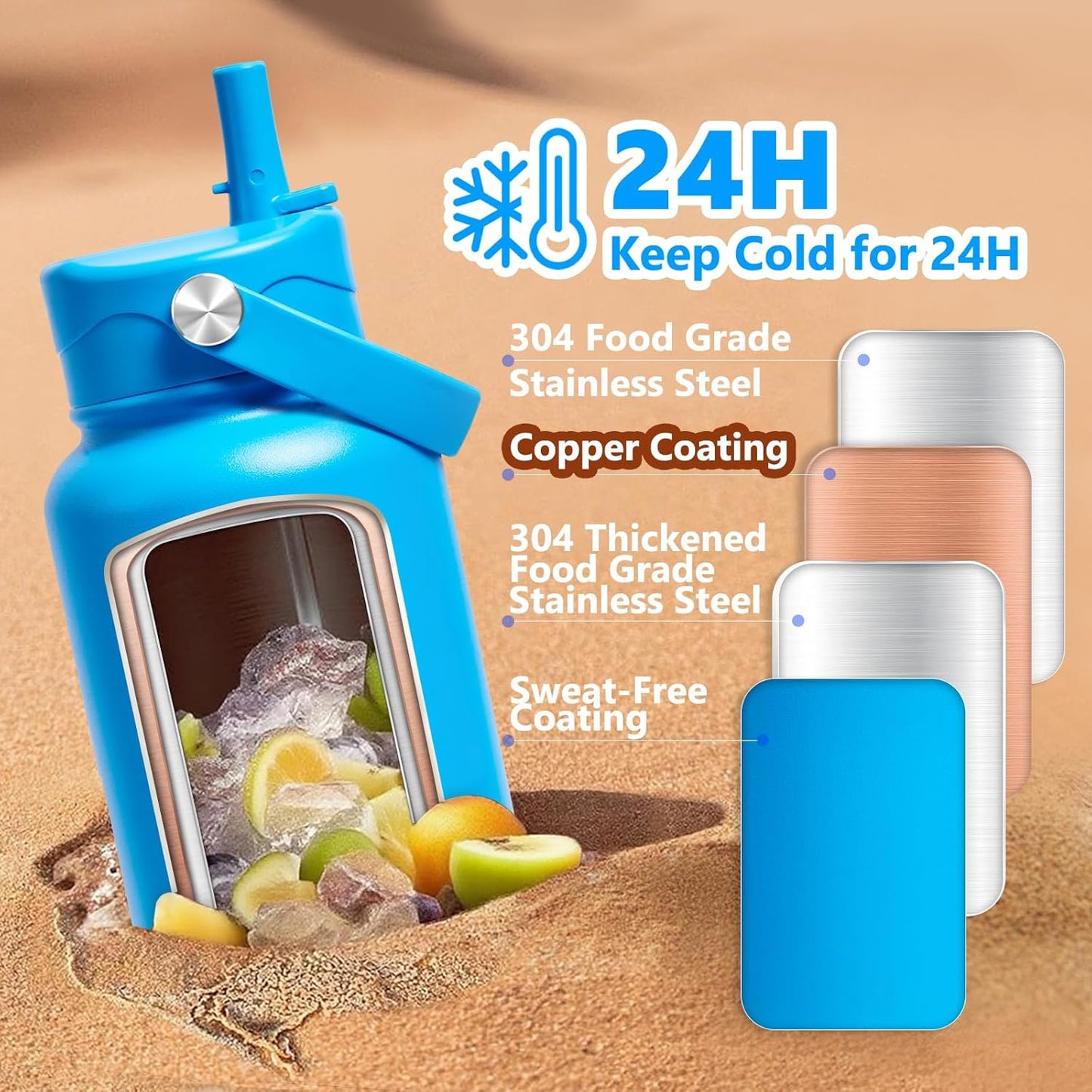 Insulated Water Bottle with Lid & Boot & Stickers, 24 oz Stainless Steel Sweat Free Bottle Keep Cold 24H, BPA-Free Sports Wide Mouth Water Bottle, BlueBlack