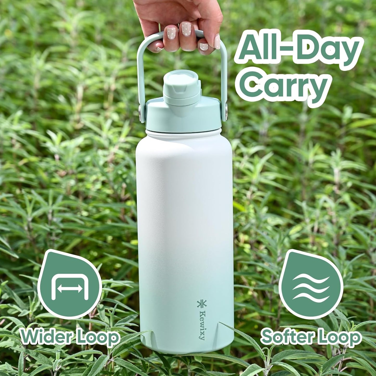 KEWIXY 32 oz Insulated Water Bottle, 2-in-1 Lid, Straw & Spout with Protected, Leak Proof, Keep Cold, Stainless Steel, Metal, Reusable, Handle, for Outdoor, Gym and School, 2 Lids, Blush Pink