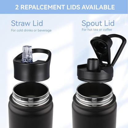 HASLE OUTFITTERS 32 oz Insulated Water Bottle Stainless Steel Double Walled Vacuum Sports Water Bottle with 2 Lids (Straw and Spout Lid) for Gym Camping Hiking(Black,1)