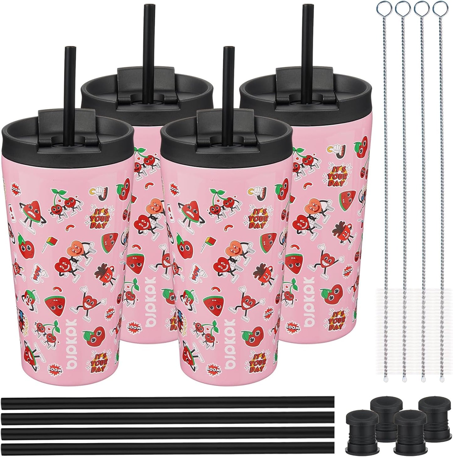BJPKPK 4 Pack Tumbler with Lid and Straw,30oz Insulated Tumblers Bulk Reusable Travel Coffee Mug, Dishwasher Safe Double Wall Vacuum Insulated Cup Gift for Men Women,Light Blue Leopard