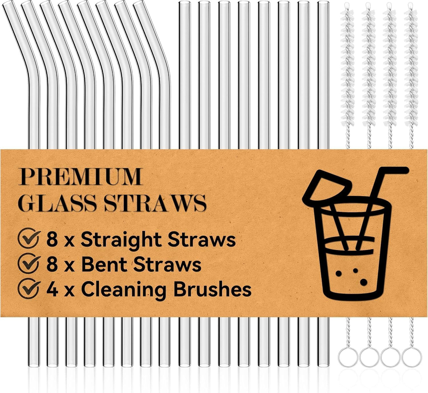 Foogwee® 20 Packs Reusable Glass Straws Set, 8.5'' x 10mm Clear Drinking Straws for Smoothies, Shakes, Coffee, Juice, Sodas, Milk, Tea, Cocktails, Set of 8 Straight and 8 Bent with 4 Cleaning Brushes
