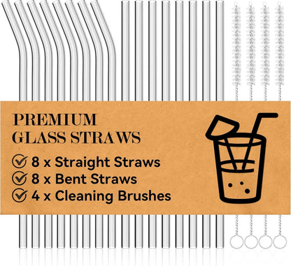 Foogwee® 20 Packs Reusable Glass Straws Set, 8.5'' x 10mm Clear Drinking Straws for Smoothies, Shakes, Coffee, Juice, Sodas, Milk, Tea, Cocktails, Set of 8 Straight and 8 Bent with 4 Cleaning Brushes