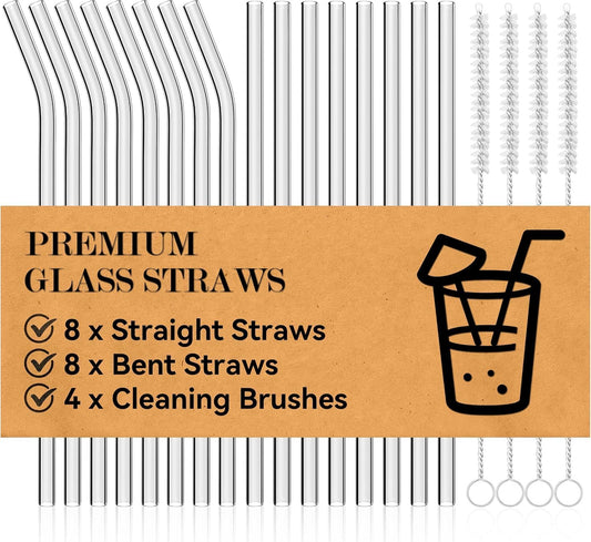 Foogwee® 20 Packs Reusable Glass Straws Set, 8.5'' x 10mm Clear Drinking Straws for Smoothies, Shakes, Coffee, Juice, Sodas, Milk, Tea, Cocktails, Set of 8 Straight and 8 Bent with 4 Cleaning Brushes