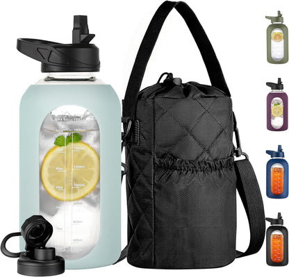 CIVAGO 32 oz Glass Water Bottle with Straw and Insulated Bottle Holder Sling, Motivational Water jug with Time Marker and Silicone Sleeve, Large Sport Water Flask with 2 Lids, Black