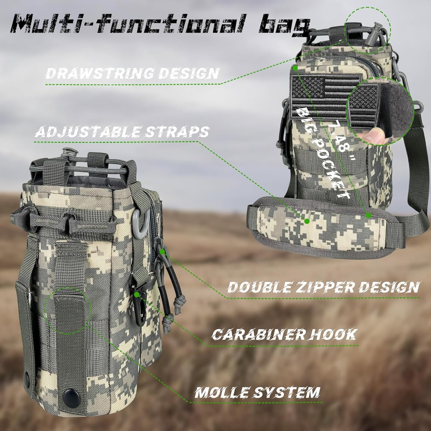 32 oz Insulated Water Bottle with Sleeve - Tactical Stainless Steel Gym Water Bottles for Men, Sports Water Bottle for Hiking Camping Outdoor with Camo Pouch