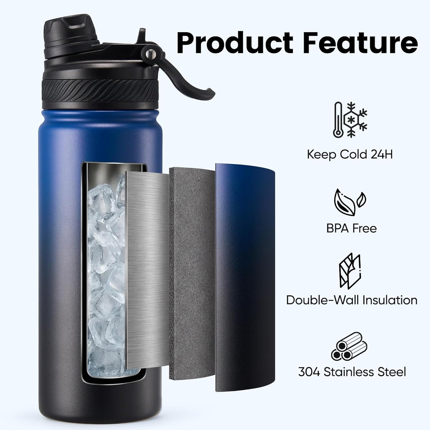 Fijinhom 18 oz Insulated Water Bottle, 2-in-1 Straw and Spout Lid Stainless Steel Thermos, Leak-Proof, Double Wall Vacuum Flask, Keep Cold 24H for Outdoor, Sports, Travel, School (Black)