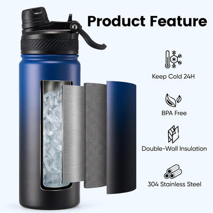 Fijinhom 18 oz Insulated Water Bottle, 2-in-1 Straw and Spout Lid Stainless Steel Thermos, Leak-Proof, Double Wall Vacuum Flask, Keep Cold 24H for Outdoor, Sports, Travel, School (Black)