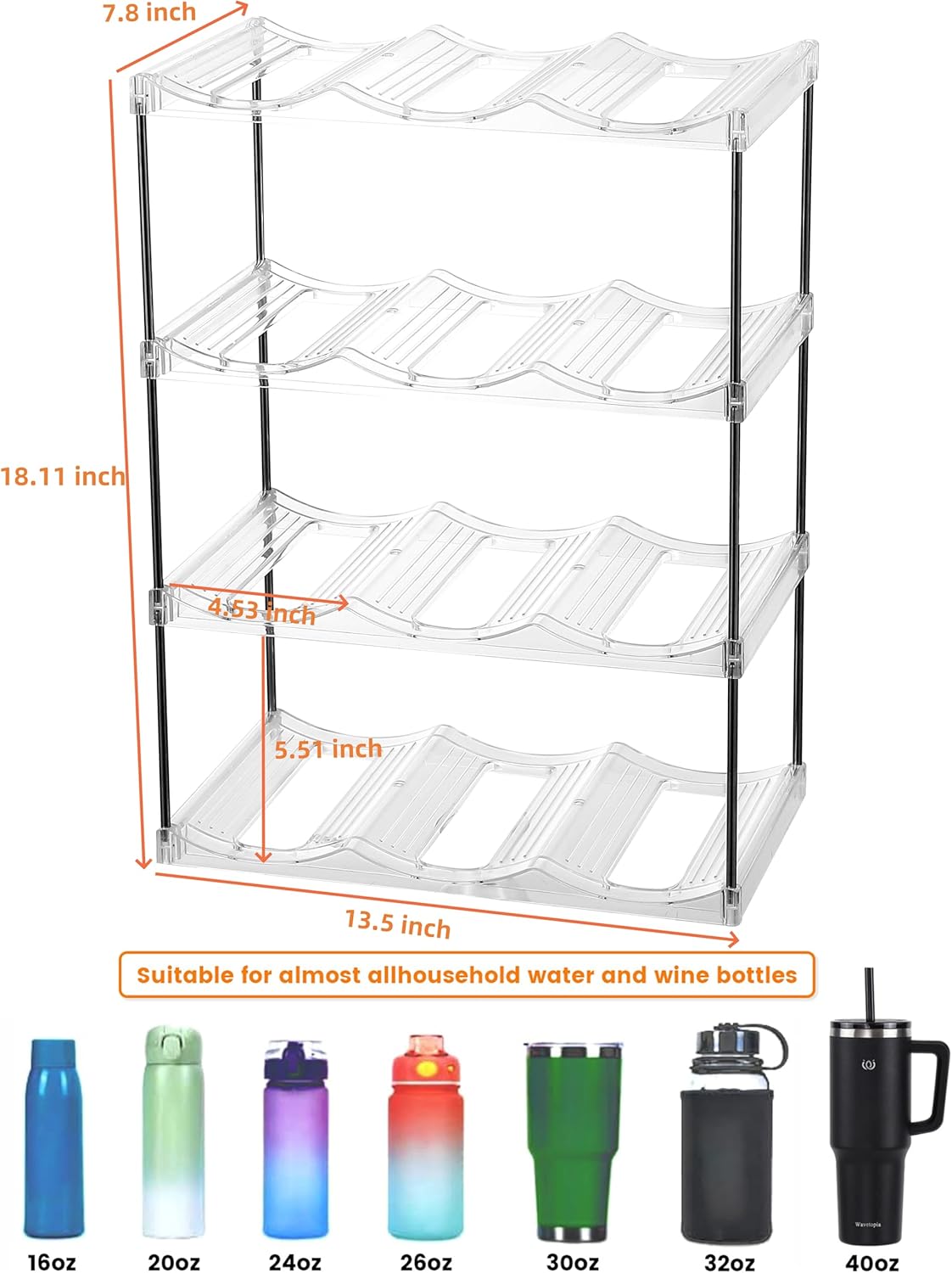 IEEK 3 Tier Stackable Wine and Water Bottle Holder Free-Standing Fridge Wine Bottle Organizers Clear Plastic Water Bottle Holder for Cabinet,Refrigerator,Pantry,Kitchen Countertops,Holds 9 Bottles