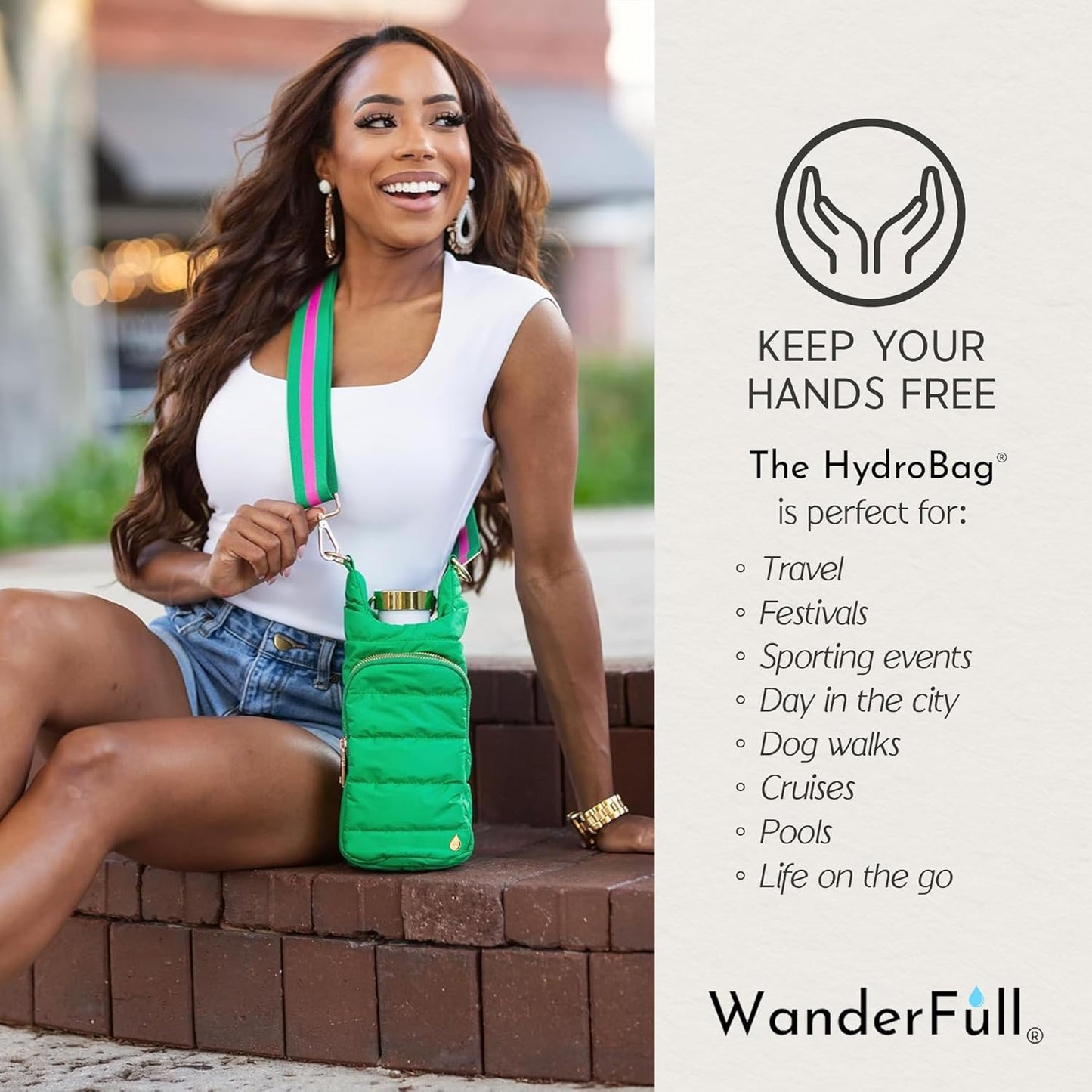 WanderFull Original HydroBag Fits Up to 32 oz Water Bottle Holder with Strap – Hands-Free Crossbody Water Bottle Carrier Bag with Phone Pocket - Colors A