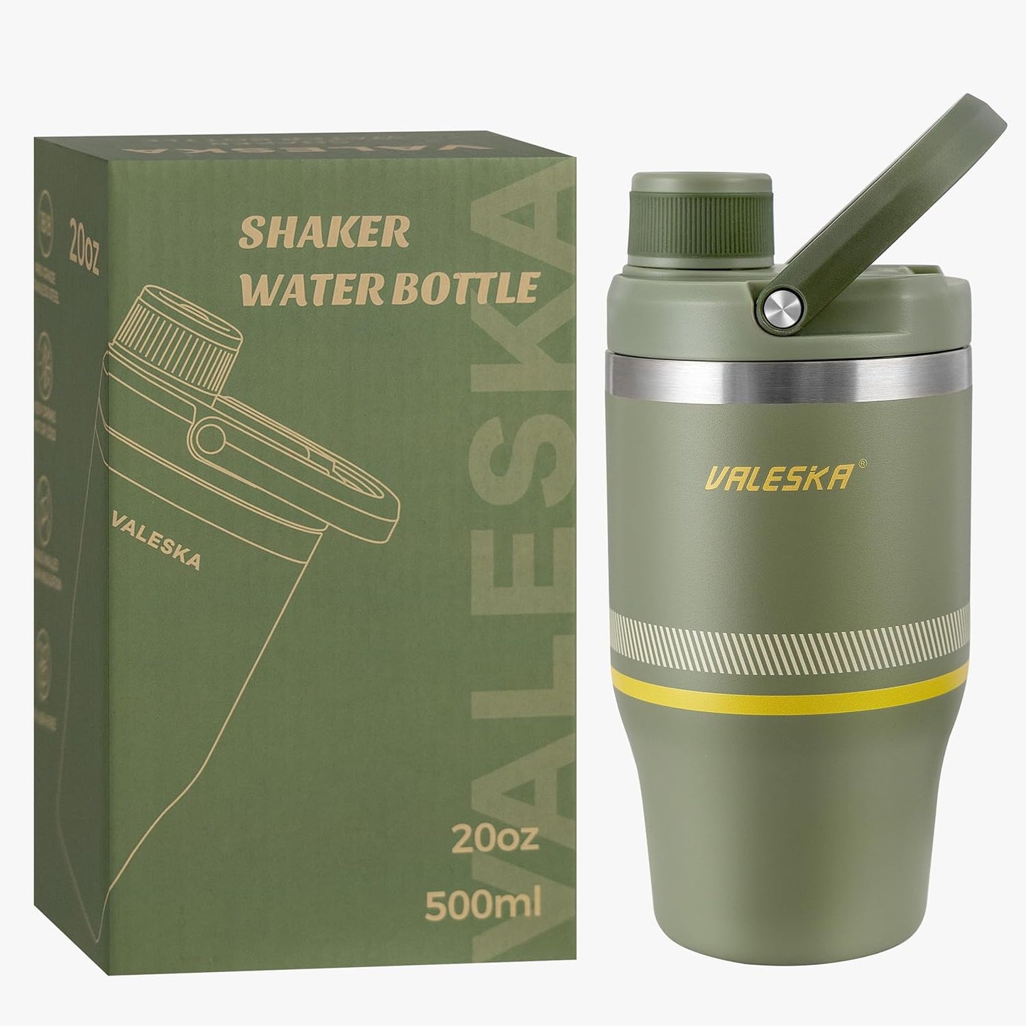 VALESKA Protein Shaker Bottle | 20oz Insulated Stainless Steel Protein Shaker, BPA Free, Leak Proof, Dishwasher Safe, Perfect for Protein Shakes and Pre Workout | Green