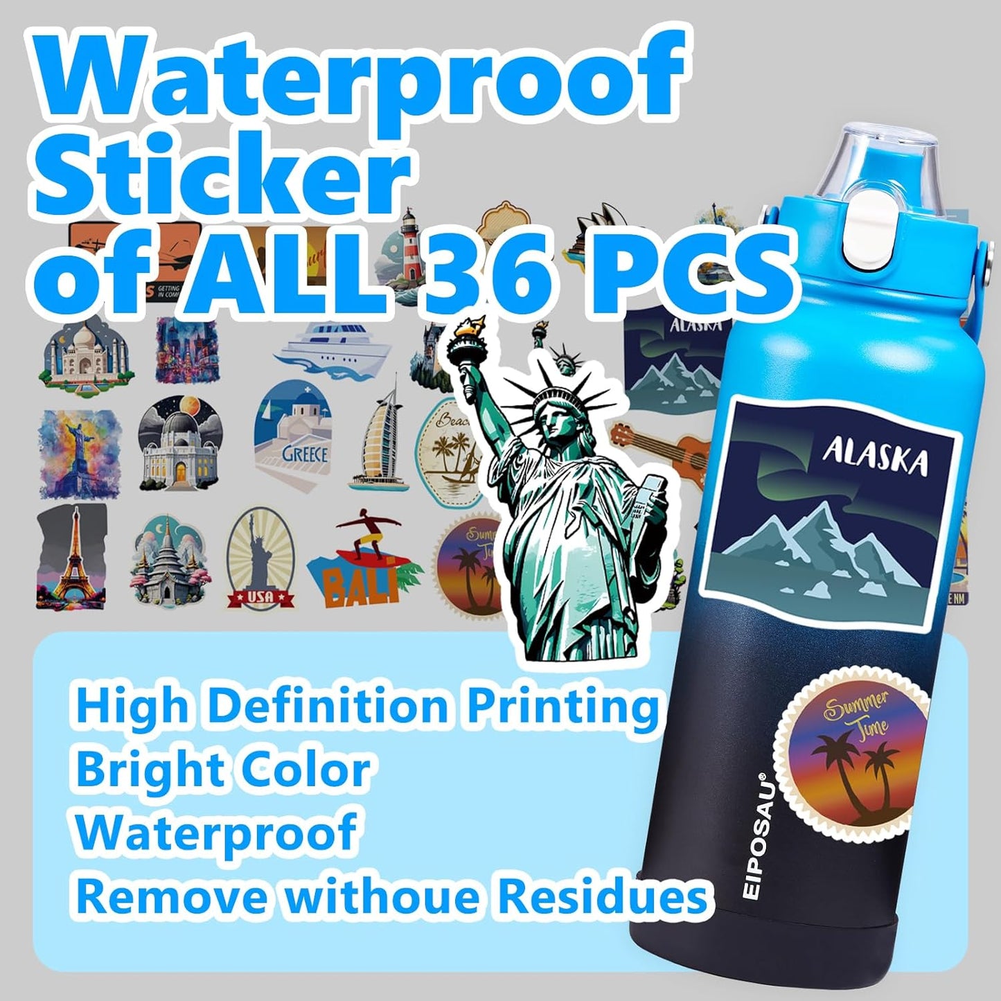 Insulated Water Bottle with Lid & Boot & Stickers, 24 oz Stainless Steel Sweat Free Bottle Keep Cold 24H, BPA-Free Sports Wide Mouth Water Bottle, BlueBlack