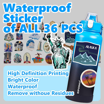 Insulated Water Bottle with Lid & Boot & Stickers, 24 oz Stainless Steel Sweat Free Bottle Keep Cold 24H, BPA-Free Sports Wide Mouth Water Bottle, BlueBlack