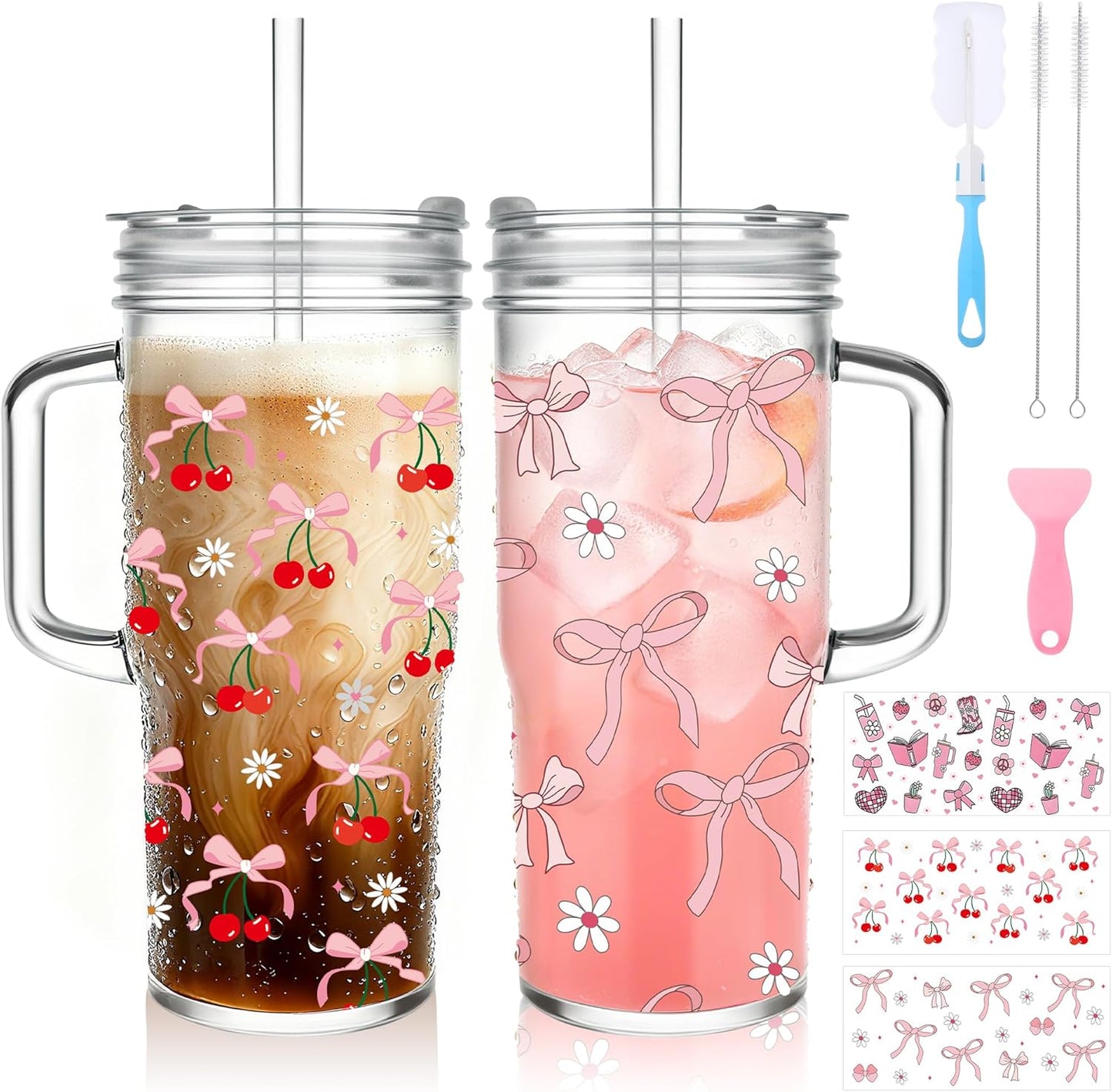 2Pack 40OZ Glass Tumbler with Handle,Glass Cup with Lid and Straw,Reusable Glass Iced Coffee Cup for Beer, Smoothies, Juice,Hot/Cold Drinks-Suitable for Birthday,Wedding