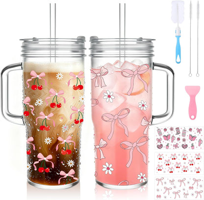 2Pack 40OZ Glass Tumbler with Handle,Glass Cup with Lid and Straw,Reusable Glass Iced Coffee Cup for Beer, Smoothies, Juice,Hot/Cold Drinks-Suitable for Birthday,Wedding