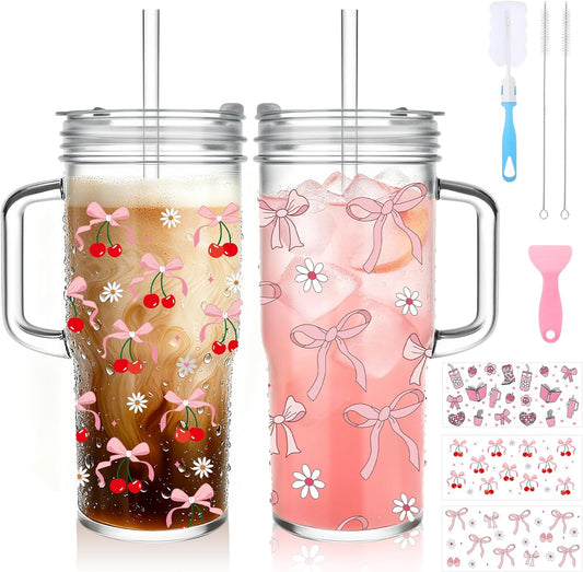 2Pack 40OZ Glass Tumbler with Handle,Glass Cup with Lid and Straw,Reusable Glass Iced Coffee Cup for Beer, Smoothies, Juice,Hot/Cold Drinks-Suitable for Birthday,Wedding