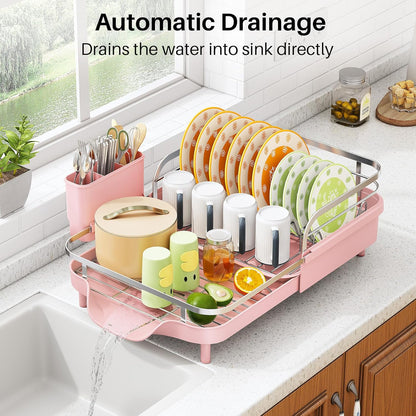 SAYZH Dish Drying Rack - Expandable Dish Rack for Kitchen Counter, Rust-Resistant Dish Drainer with Utensil Holder and Raised Guardrail, Kitchen Organizer for Cup and Bottle (Black)