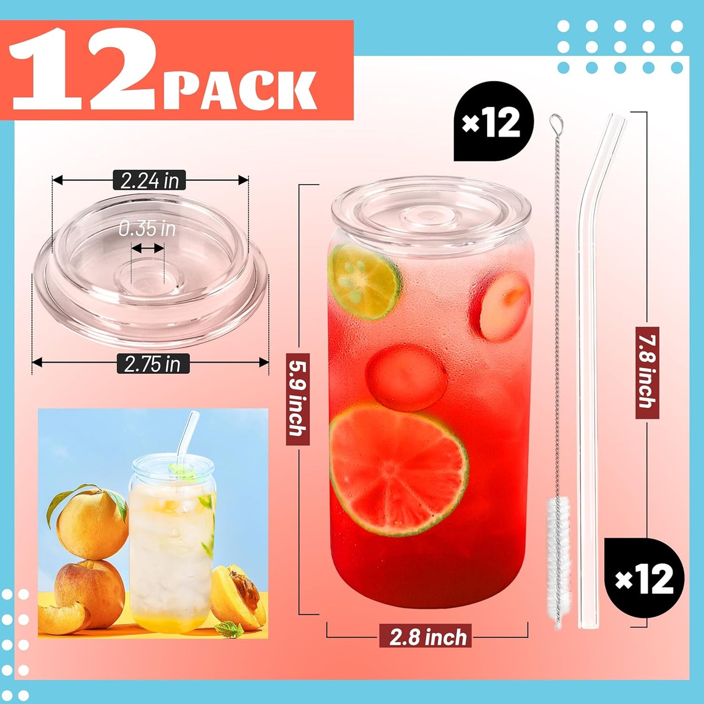 Joyclub 8pcs 16 oz Glass Cups with Acrylic Lids and Straws Can Shaped Iced Coffee Glasses Cute Tumbler Set Drinking Jars for Smoothie Soda Boba Beer Party Housewarming Gifts